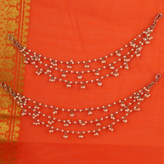 Saloni Fashion Jewellery Pearl 3 String Gold Plated Combo Set of 2 Ear-Chain (Kaan Chain) For Women
