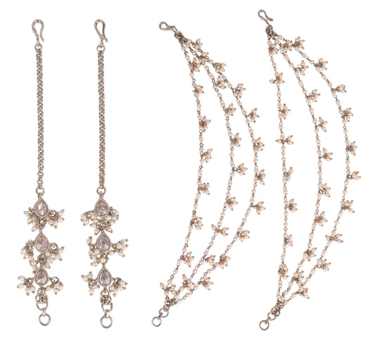 Saloni Fashion Jewellery Pearl 3 String Gold Plated Set of 2 Combo Ear-Chain (Kaan Chain) For Women