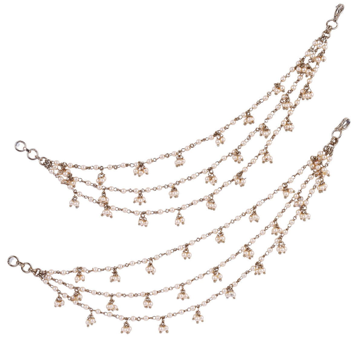 Saloni Fashion Jewellery Pearl 3 String Gold Plated Set of 2 Combo Ear-Chain (Kaan Chain) For Women