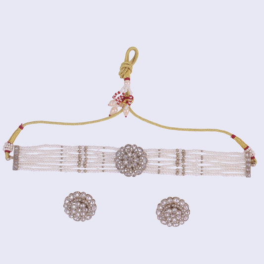 Saloni Fashion Jewellery Pearl Round and Flower Shape Silver Plated Collar Necklace Set For Women and Girls