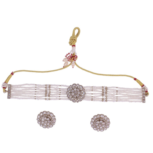 Saloni Fashion Jewellery Pearl Round and Flower Shape Silver Plated Collar Necklace Set For Women and Girls