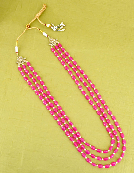 Saloni Fashion Jewellery Pink Mother of Pearls 3 Layered Gold Plated Long Haram Necklace Pearl Mala For Women and Girls