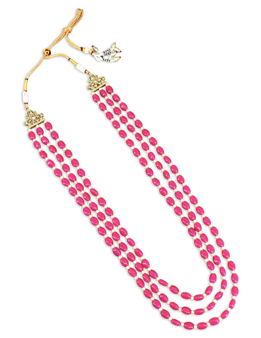 Saloni Fashion Jewellery Pink Mother of Pearls 3 Layered Gold Plated Long Haram Necklace Pearl Mala For Women and Girls