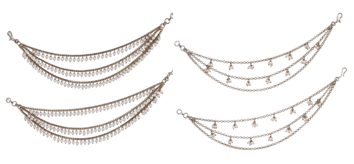 Saloni Fashion Jewellery Pleasing 3 String Long Chain Gold Plated Combo Set of 2 Pearl Ear-Chain (Kaanchain) For Women