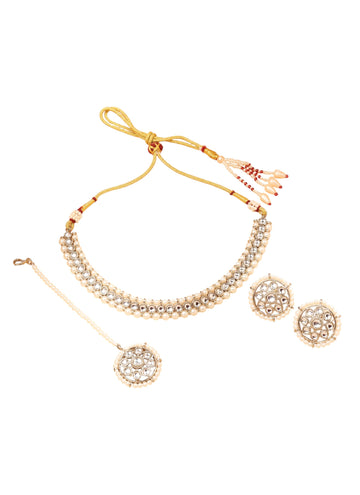 Saloni Fashion Jewellery Pretty Round and Circle Shape Pearl White Kundan Stone Antique Gold Plated Choker Necklace With Maang Tikka For Women and Girls