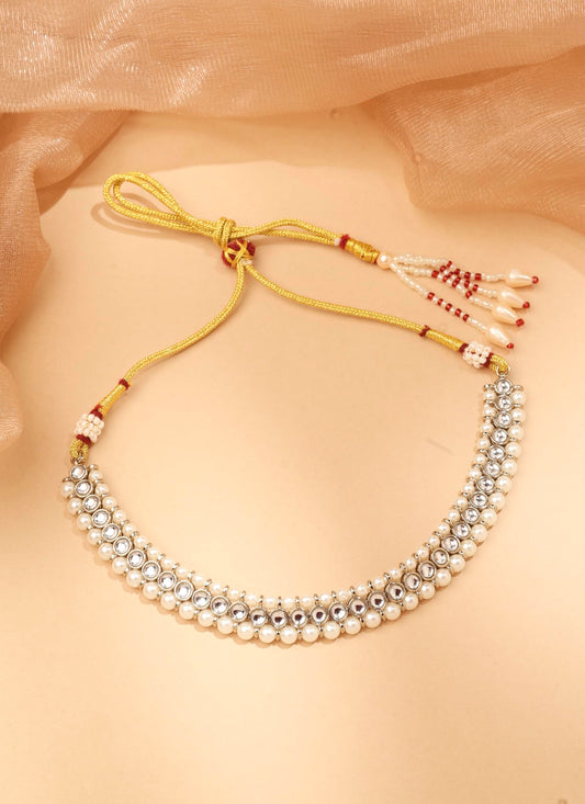 Saloni Fashion Jewellery Pretty Round and Circle Shape Pearl White Kundan Stone Antique Gold Plated Choker Necklace With Maang Tikka For Women and Girls