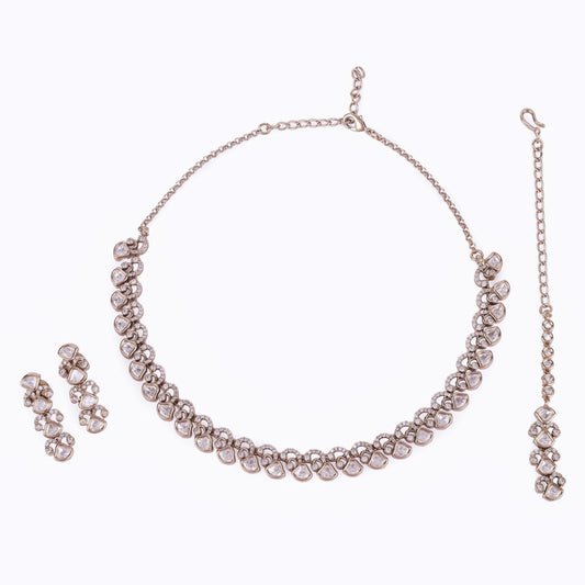 Saloni Fashion Jewellery Rectangle Shape CZ Studded Gold Plated Choker Necklace Set With Maangtikka For Women and Girls