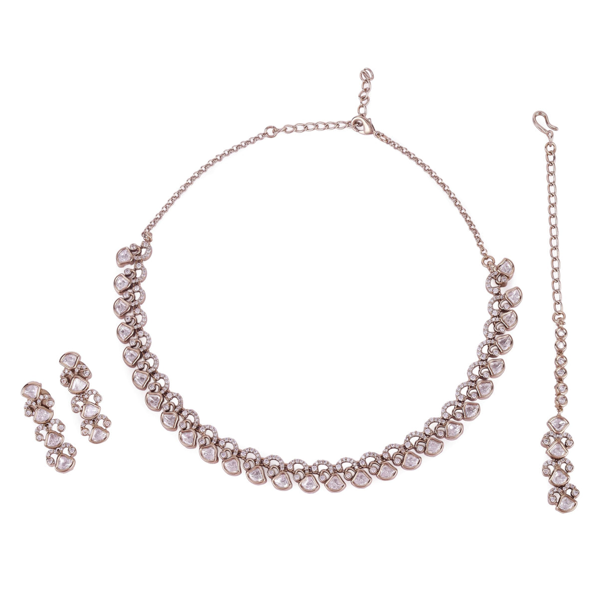 Saloni Fashion Jewellery Rectangle Shape CZ Studded Gold Plated Choker Necklace Set With Maangtikka For Women and Girls - view 2