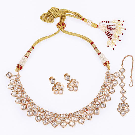 Saloni Fashion Jewellery Rectangle Shape Uncut Kundan Stone 18 KT Gold Plated Brass Choker Necklace Set with Maang Tikka For Women and Girls