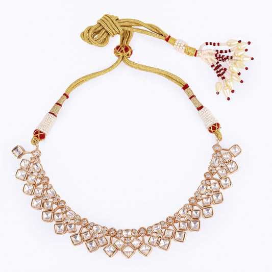 Saloni Fashion Jewellery Rectangle Shape Uncut Kundan Stone 18 KT Gold Plated Brass Choker Necklace Set with Maang Tikka For Women and Girls