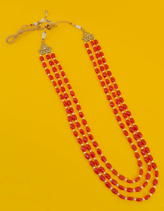 Saloni Fashion Jewellery Red Mother of Pearls 3 Layered Gold Plated Long Haram Necklace Pearl Mala For Women and Girls