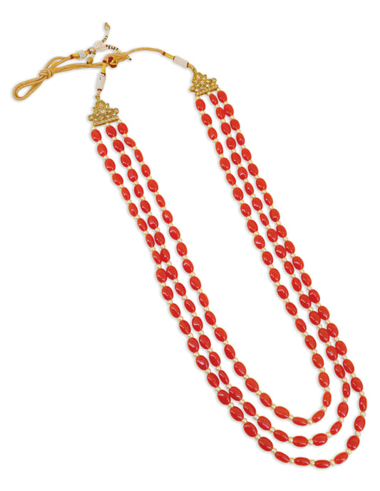 Saloni Fashion Jewellery Red Mother of Pearls 3 Layered Gold Plated Long Haram Necklace Pearl Mala For Women and Girls