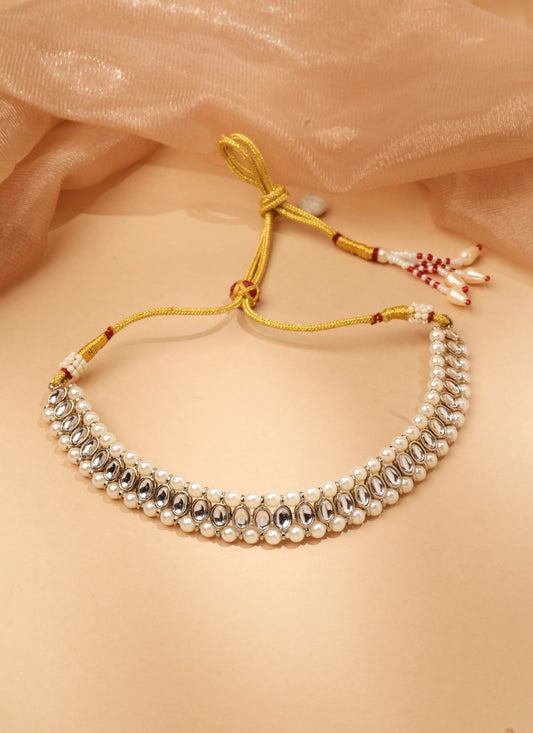 Saloni Fashion Jewellery Round and Circle Shape Pearl White Kundan Stone Antique Gold Plated Choker Necklace With Maang Tikka For Women and Girls