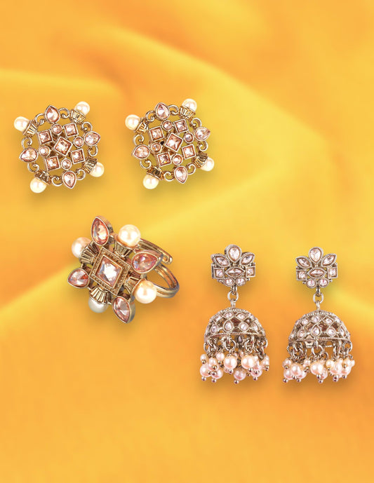 Saloni Fashion Jewellery Round and Flower Design Kundan Brass Antique Gold Plated Set of 3 Combo Jhumki Earring For Women and Girls