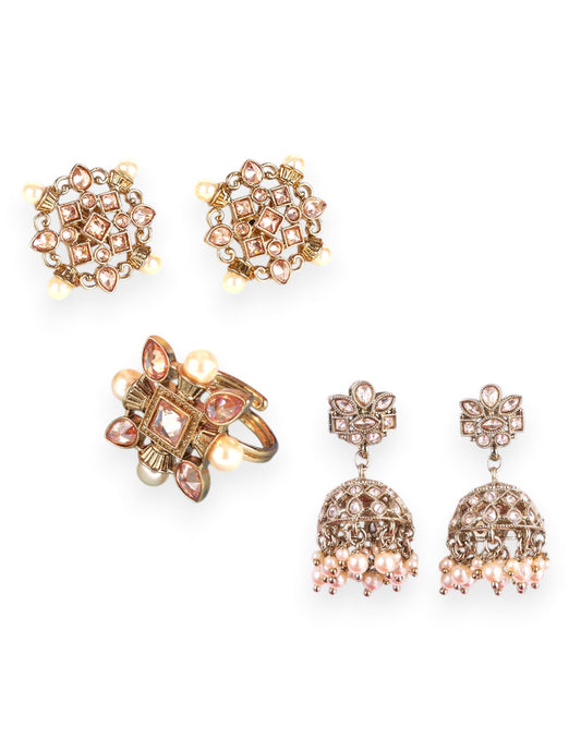 Saloni Fashion Jewellery Round and Flower Design Kundan Brass Antique Gold Plated Set of 3 Combo Jhumki Earring For Women and Girls