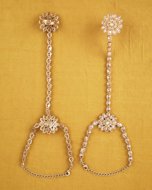 Saloni Fashion Jewellery Round and Flower Shape Mother of Pearl White and Green Uncut Kundan Stone Antique Gold Plated Choker and Long Haram Jewellery Sets For Women and Girls