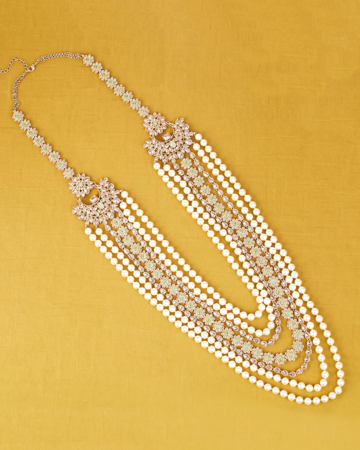 Saloni Fashion Jewellery Round and Flower Shape Mother of Pearl White and Green Uncut Kundan Stone Antique Gold Plated Choker and Long Haram Jewellery Sets For Women and Girls
