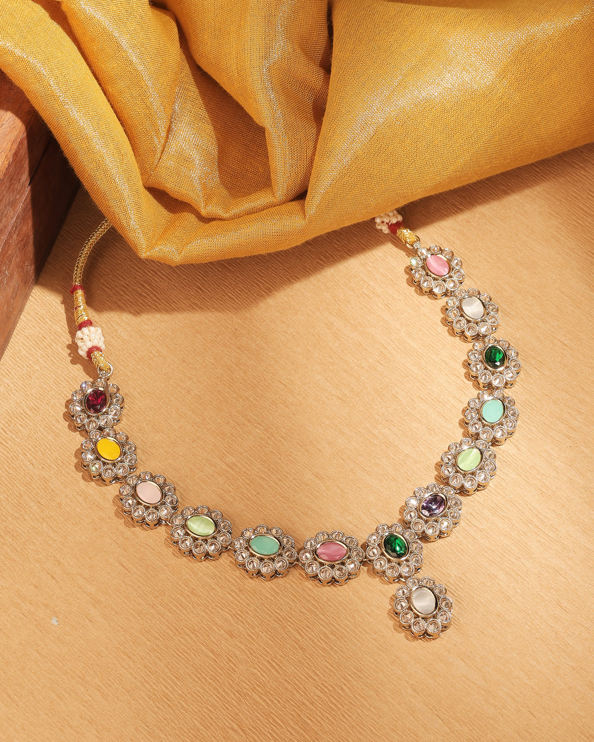 Round and Oval Shape Antique Gold Plated Multi Uncut Kundan Stone - side view | Saloni Fashion Jewellery, Mumbai