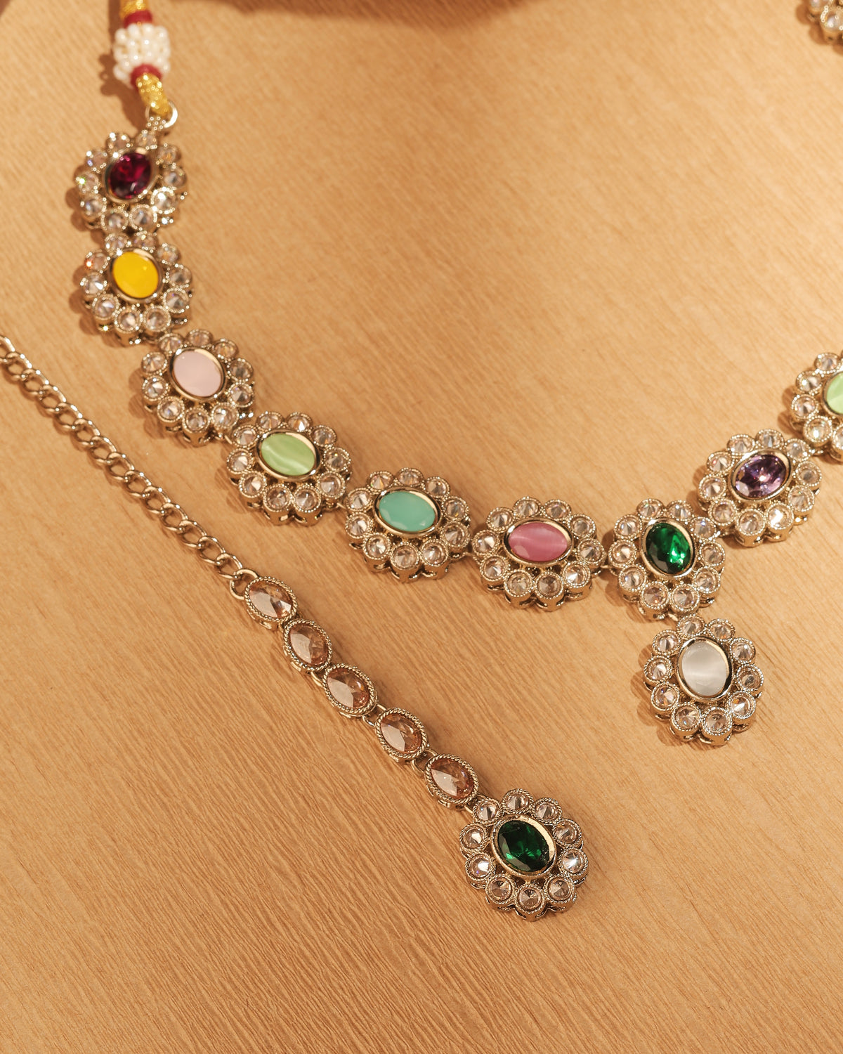 Round and Oval Shape Antique Gold Plated Multi Uncut Kundan Stone - styled view | Saloni Fashion Jewellery, Mumbai