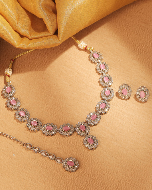 Round and Oval Shape Antique Gold Plated Pink Uncut Kundan - close-up detail | Saloni Fashion Jewellery, Mumbai
