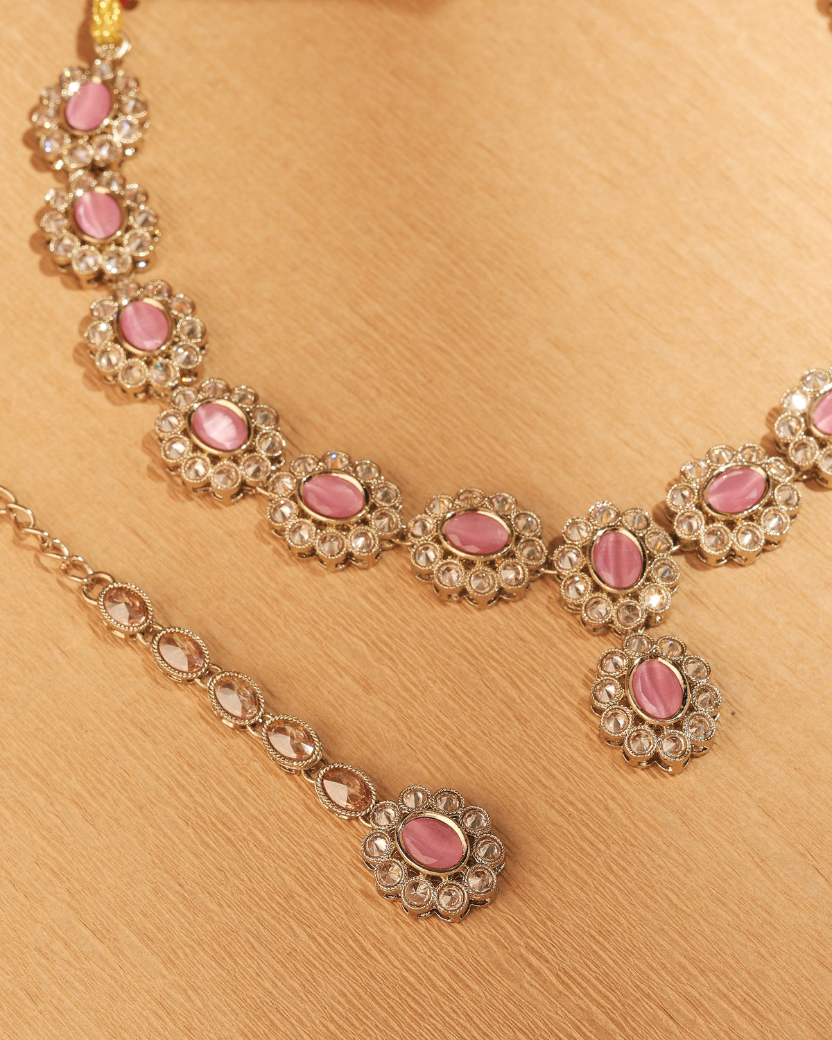 Round and Oval Shape Antique Gold Plated Pink Uncut Kundan Stone - styled view | Saloni Fashion Jewellery, Mumbai