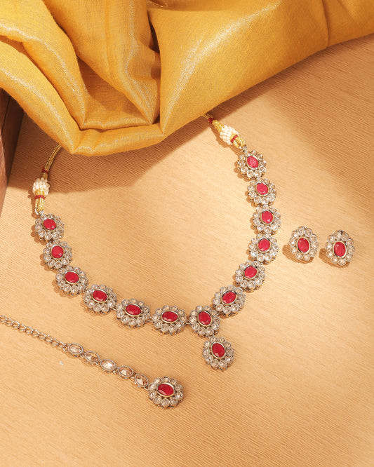 Round and Oval Shape Antique Gold Plated Red Uncut Kundan - close-up detail | Saloni Fashion Jewellery, Mumbai