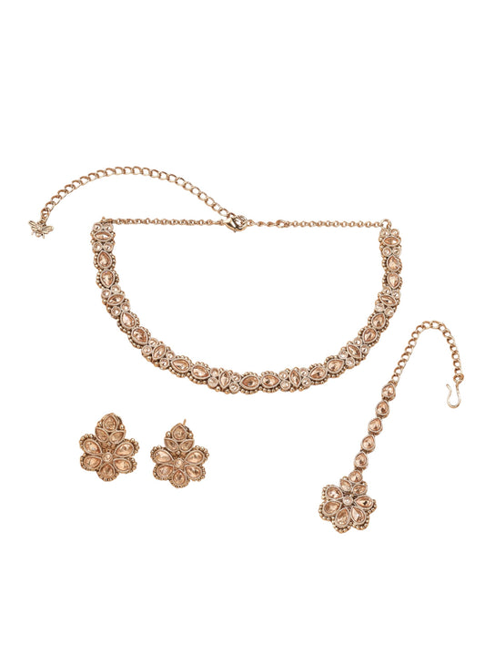 Saloni Fashion Jewellery Round and Oval Shape Brown Kundan Stone Antique Gold Plated Choker Necklace With Maang Tikka For Women and Girls