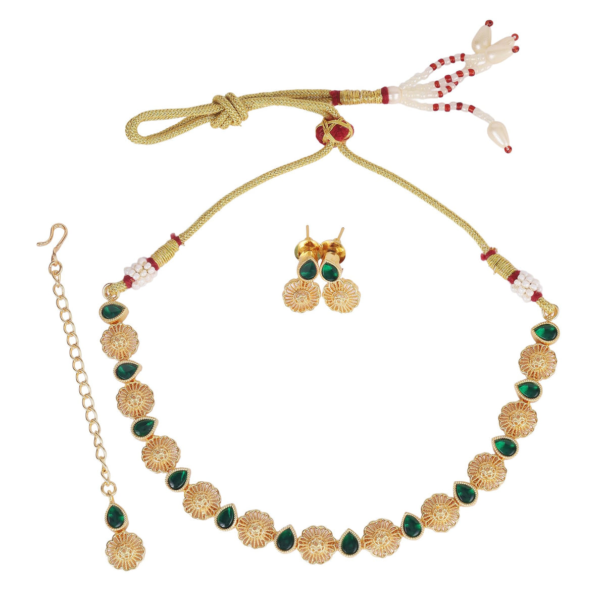 Saloni Fashion Jewellery Round and Oval Shape Kundan Brass Gold Plated Choker Necklace Set With Maangtikka For Women and Girls