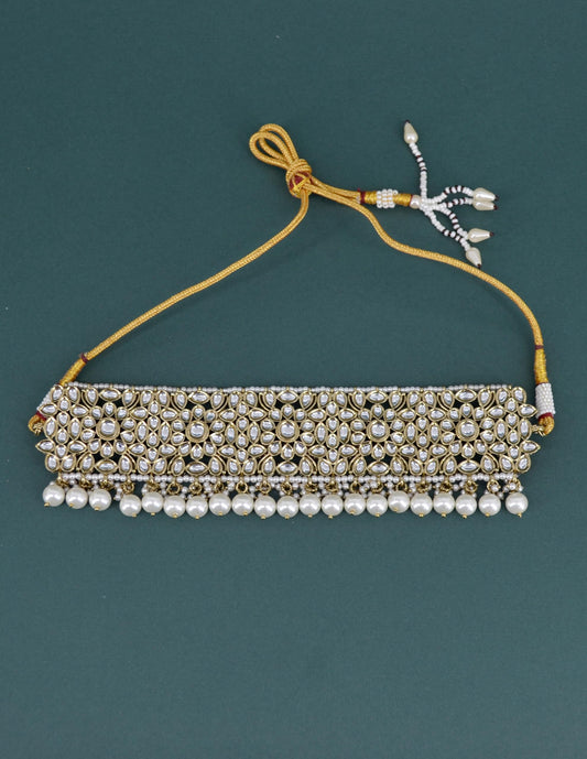 Saloni Fashion Jewellery Round and Oval Shape Pearl Uncut Kundan Gold Plated Collar Necklace Set with Maangtikka For Women and Girls