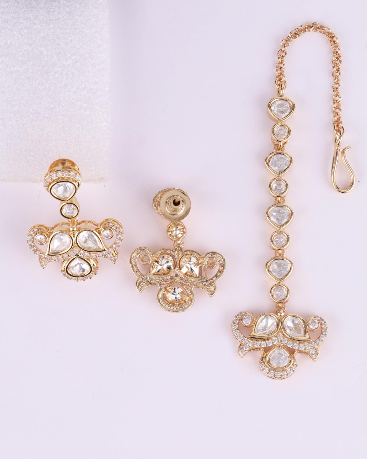 Saloni Fashion Jewellery Round and Paisley Shape CZ Studded Uncut Kundan Stone Rose Gold Plated Brass Choker Necklace Set with Maang Tikka For Women and Girls