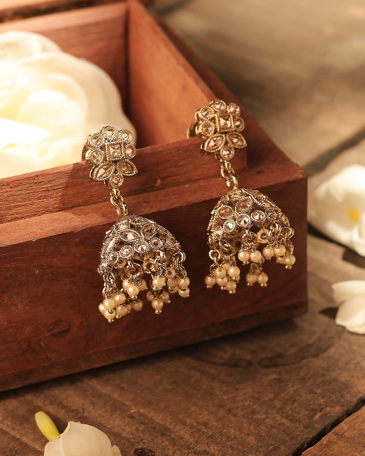 Saloni Fashion Jewellery Round and Pear Shape Silver Plated Pearl Brown Kundan Stone Jhumki Earring For Women and Girls - view 3