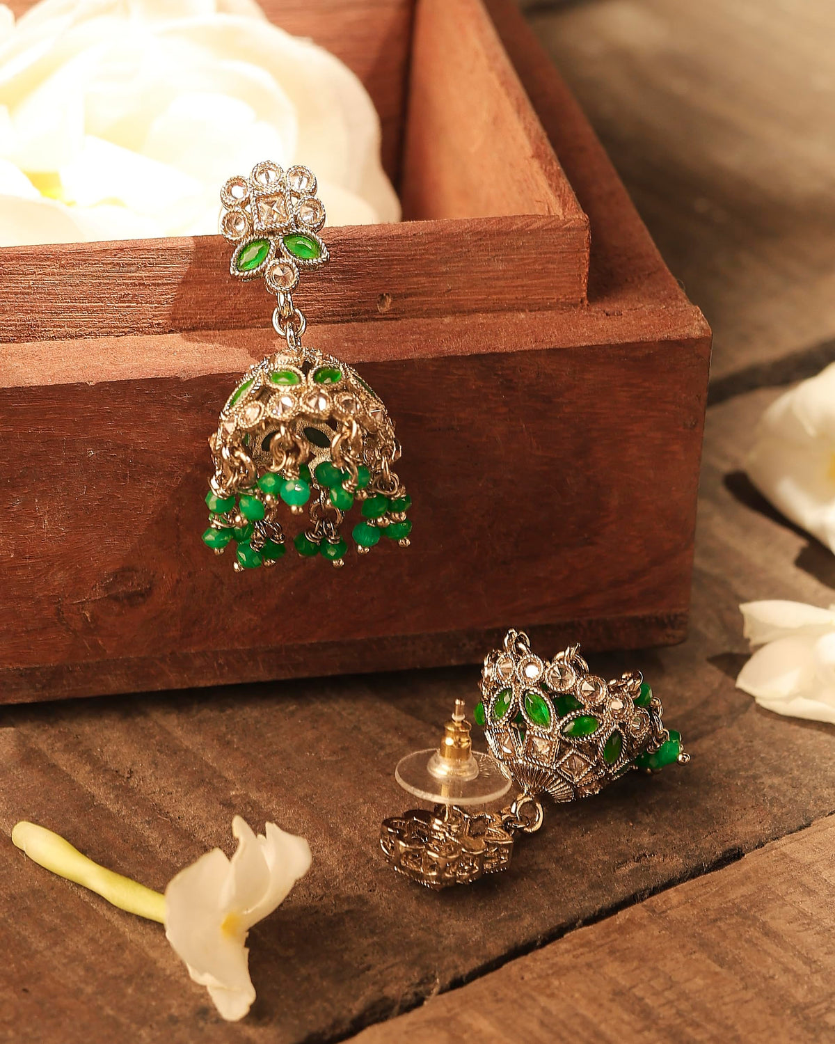 Saloni Fashion Jewellery Round and Pear Shape Silver Plated Pearl Green Kundan Stone Jhumki Earring For Women and Girls - view 4