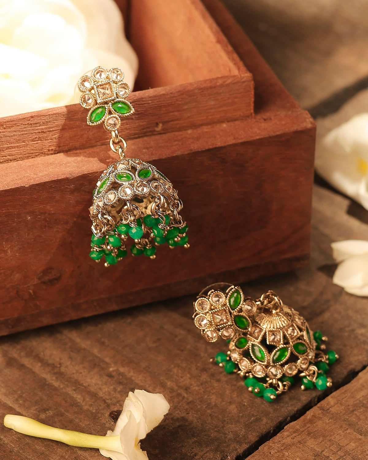 Saloni Fashion Jewellery Round and Pear Shape Silver Plated Pearl Green Kundan Stone Jhumki Earring For Women and Girls - view 5