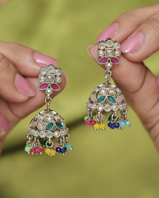 Saloni Fashion Jewellery Round and Pear Shape Silver Plated Pearl Multi Kundan Stone Jhumki Earring For Women and Girls