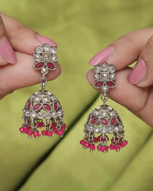 Saloni Fashion Jewellery Round and Pear Shape Silver Plated Pearl Ruby Kundan Stone Jhumki Earring For Women and Girls