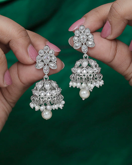 Saloni Fashion Jewellery Round and Pear Shape Silver Plated White Kundan Stone Brass Jhumki Earring For Women and Girls