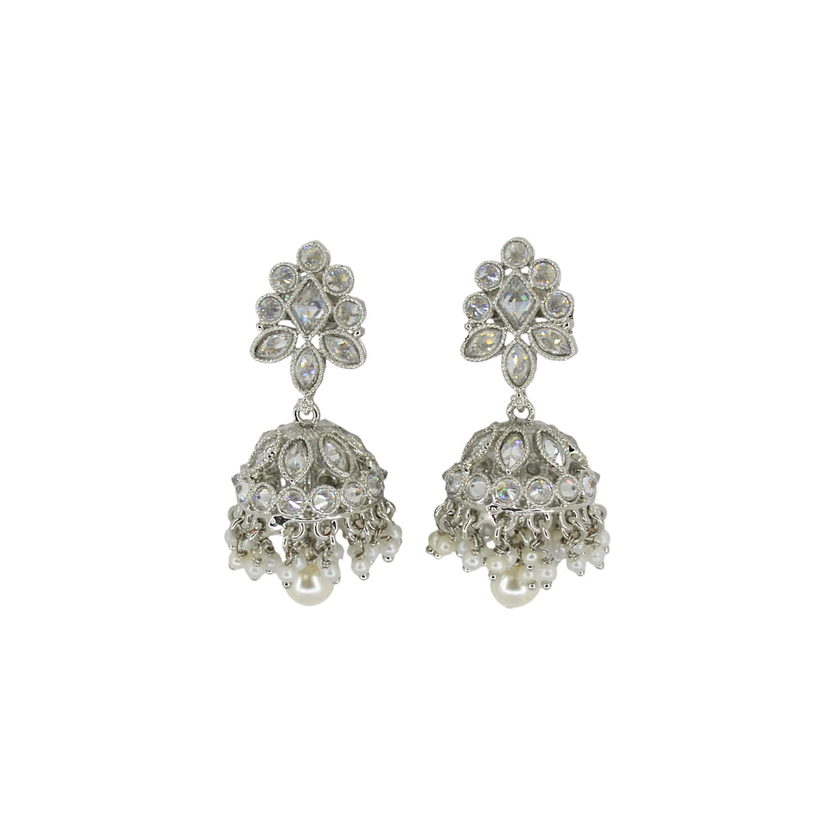 Saloni Fashion Jewellery Round and Pear Shape Silver Plated White Kundan Stone Brass Jhumki Earring For Women and Girls - view 2