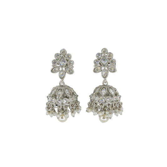 Saloni Fashion Jewellery Round and Pear Shape Silver Plated White Kundan Stone Brass Jhumki Earring For Women and Girls