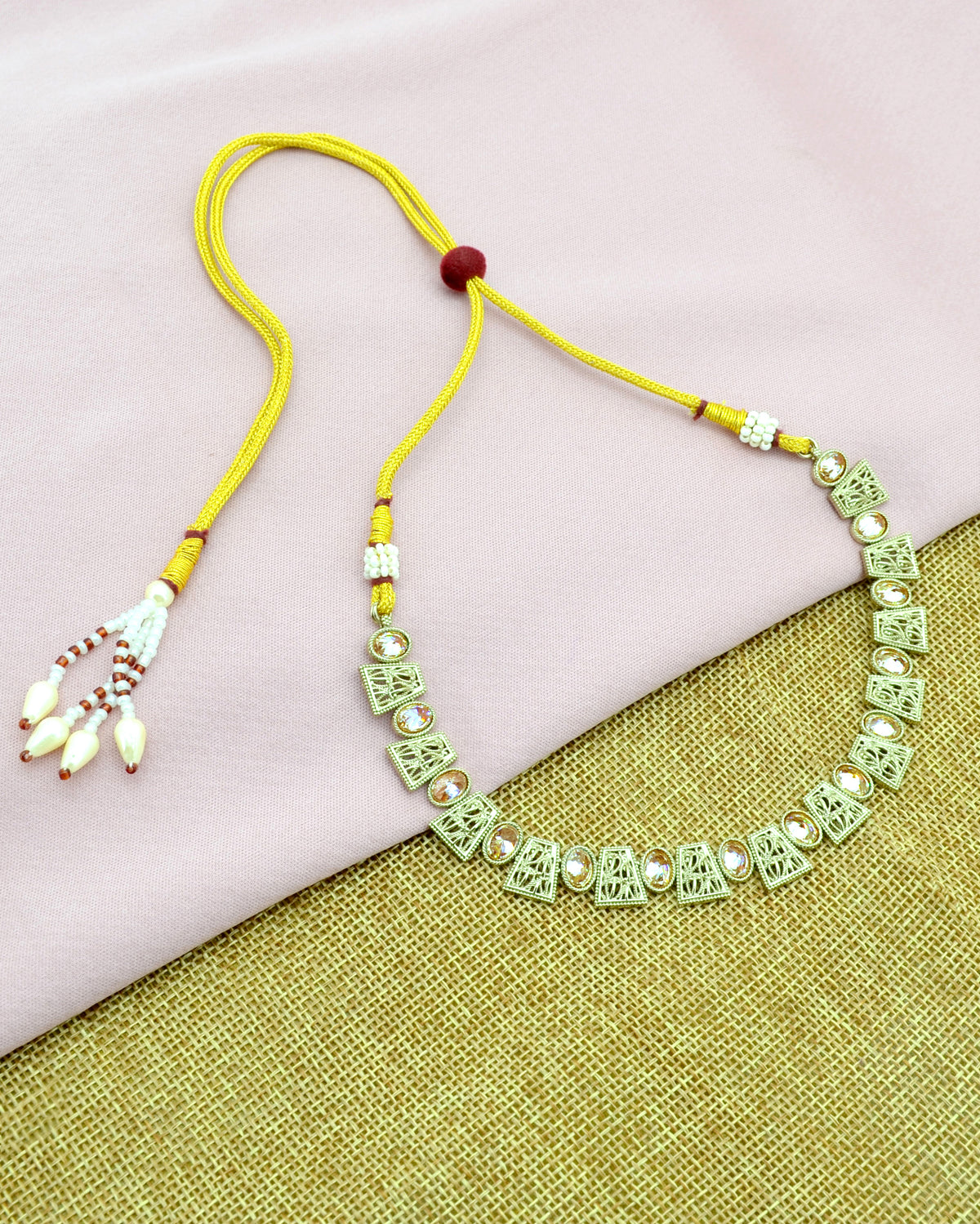 Round and Square Shape Brass Antique Gold Plated Choker Necklace Set - side view | Saloni
