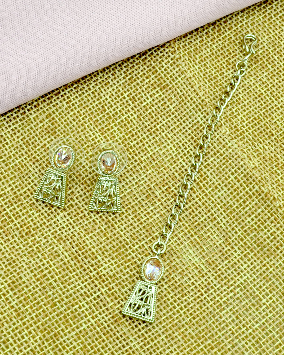 Round and Square Shape Brass Antique Gold Plated Choker Necklace Set - back view | Saloni