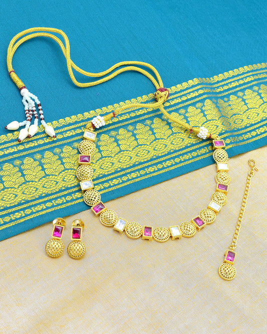 Round and Square Shape Brass Gold Plated Choker Necklace Set - close-up detail | Saloni