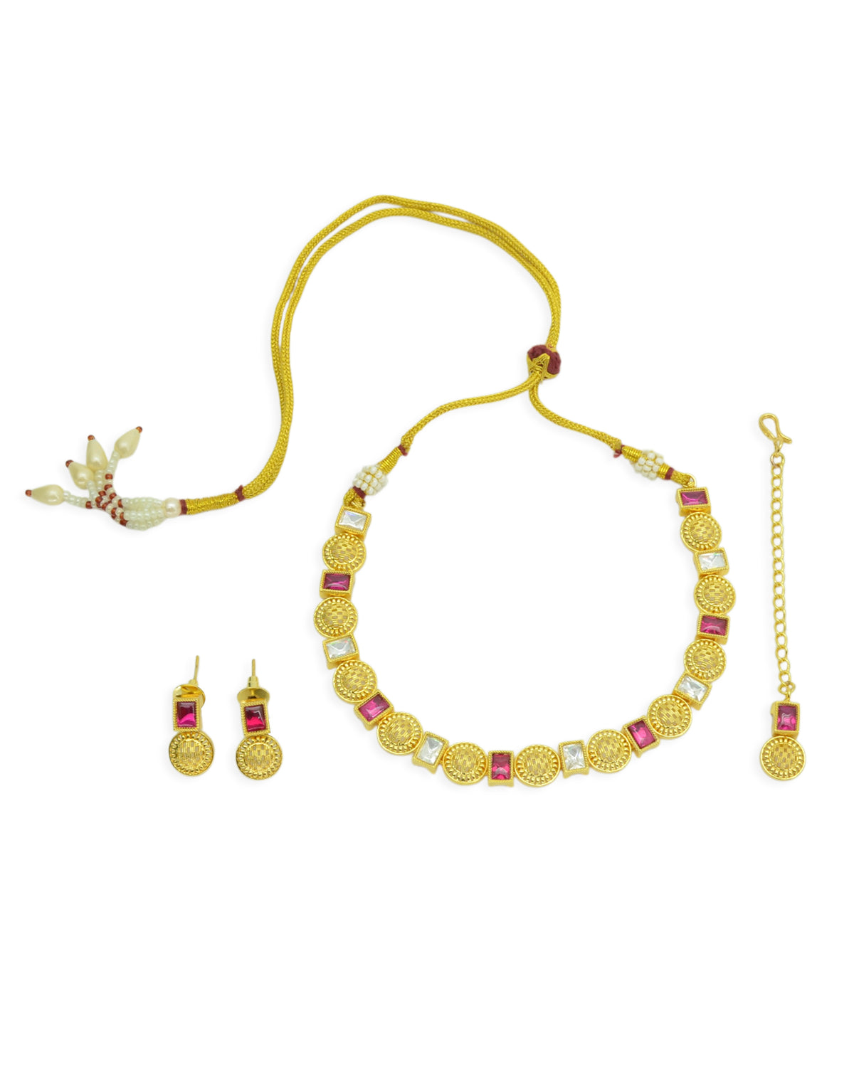 Round and Square Shape Brass Gold Plated Choker Necklace Set With Maangtikka | Saloni