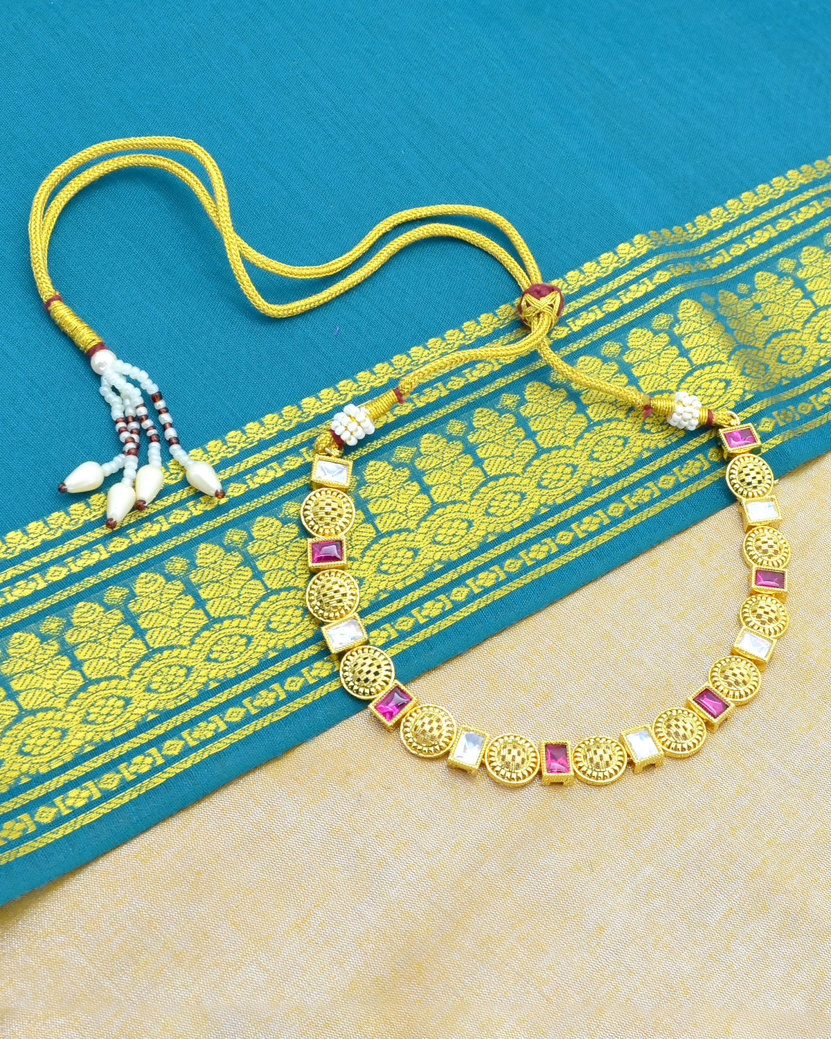 Round and Square Shape Brass Gold Plated Choker Necklace Set - side view | Saloni Jewellery