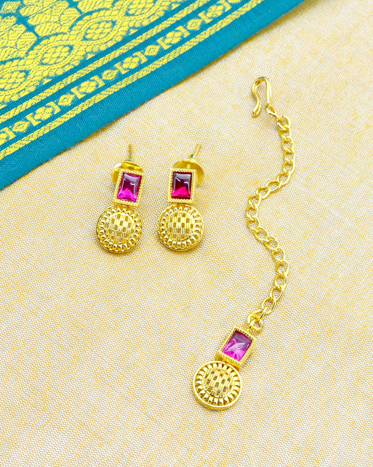 Round and Square Shape Brass Gold Plated Choker Necklace Set - back view | Saloni Jewellery