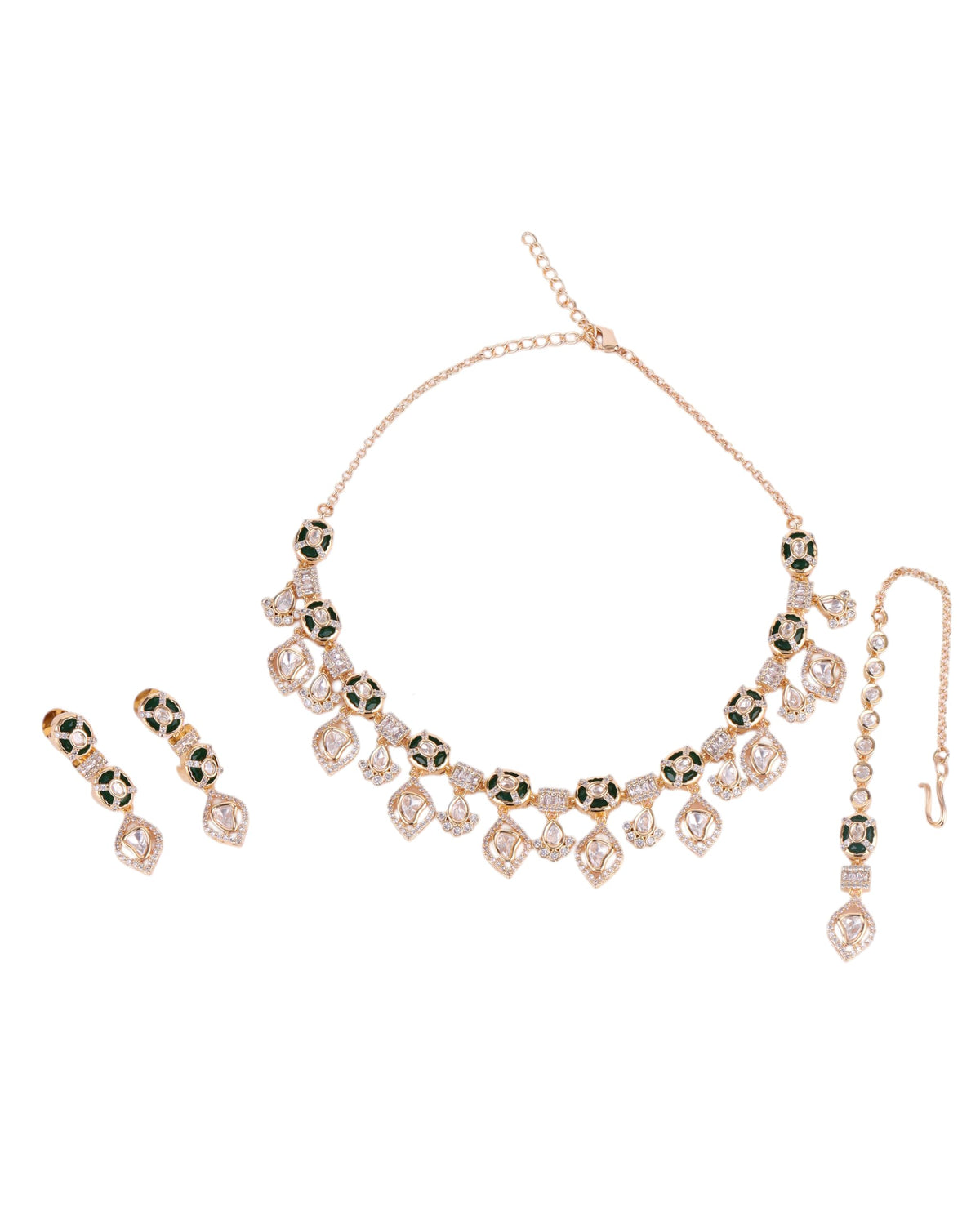 Saloni Fashion Jewellery Round and Square Shape CZ Studded Uncut Kundan Stone Rose Gold Plated Brass Choker Necklace Set with Maang Tikka For Women and Girls