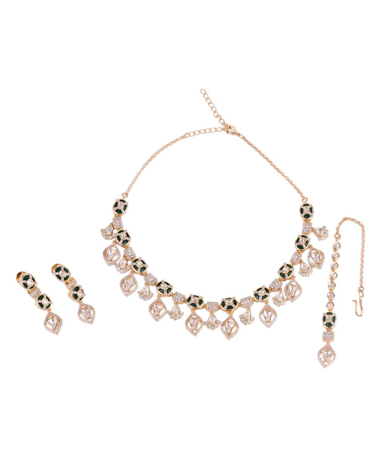 Saloni Fashion Jewellery Round and Square Shape CZ Studded Uncut Kundan Stone Rose Gold Plated Brass Choker Necklace Set with Maang Tikka For Women and Girls