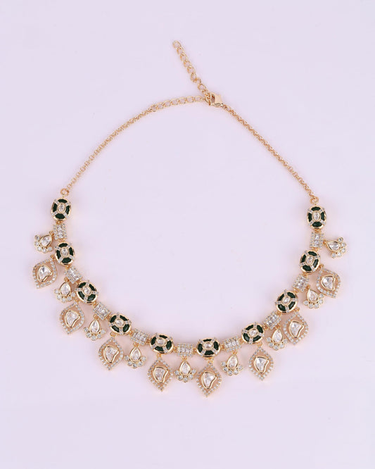 Saloni Fashion Jewellery Round and Square Shape CZ Studded Uncut Kundan Stone Rose Gold Plated Brass Choker Necklace Set with Maang Tikka For Women and Girls