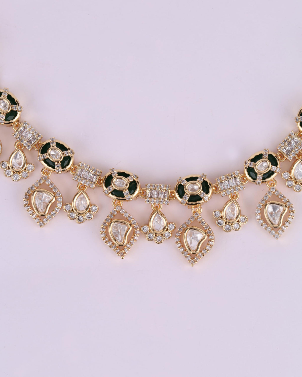 Saloni Fashion Jewellery Round and Square Shape CZ Studded Uncut Kundan Stone Rose Gold Plated Brass Choker Necklace Set with Maang Tikka For Women and Girls