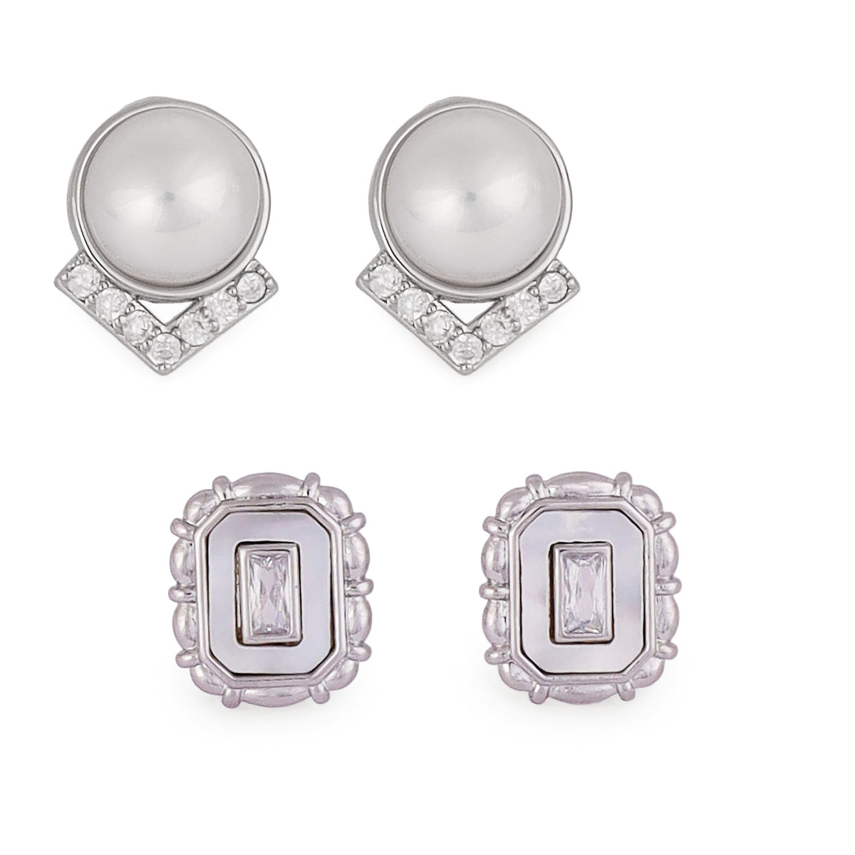 Saloni Fashion Jewellery Round Mother Pearl Silver Plated Combo Set of 2 Stud Earring For Women