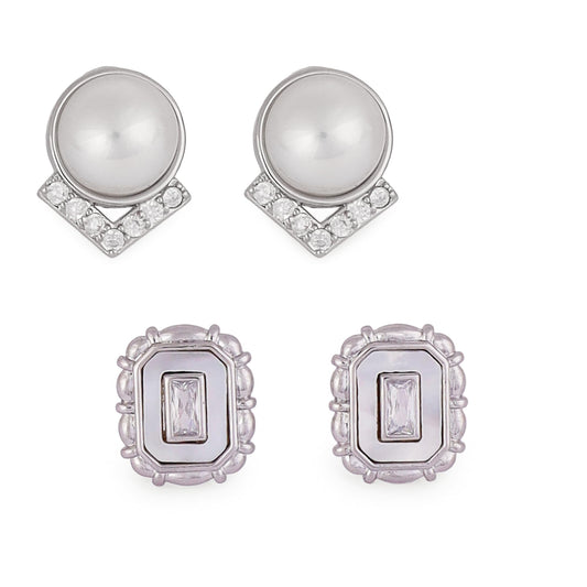 Saloni Fashion Jewellery Round Mother Pearl Silver Plated Combo Set of 2 Stud Earring For Women
